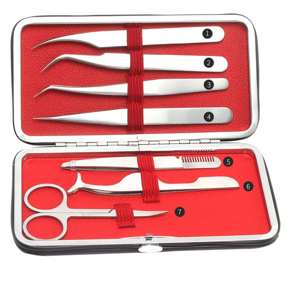 

7PCS Stainless Steel Eyelash Tweezer Kit with Storage Case Multifunction Professional Eyelash Extension Curved Tweezers