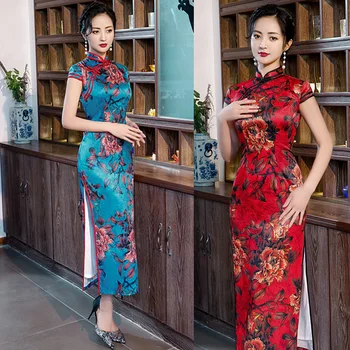 

2 Colour Oriental Design Print Women Plus Size Cheongsam 3XL 4XL Elegant High Split Chinese Evening Dress Retro Stage Show Qipao