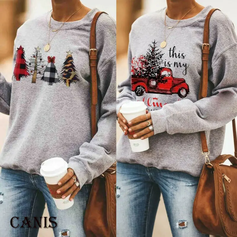  Xmas Women Hoodies Fall Winter Long Sleeve Round Neck Gray Christmas Tree Sports Autumn Sweatshirt 