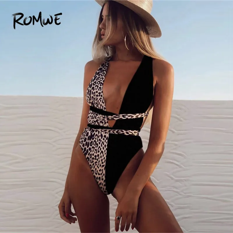 Romwe, спортивный, контрастный, Леопардовый, на шнуровке, сдельный Купальник для женщин, лето, сексуальный купальник с глубоким вырезом, v-образный вырез, открытая спина, купальник