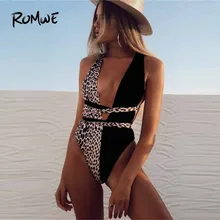 Romwe, спортивный, контрастный, Леопардовый, на шнуровке, сдельный Купальник для женщин, лето, сексуальный купальник с глубоким вырезом, v-образный вырез, открытая спина, купальник