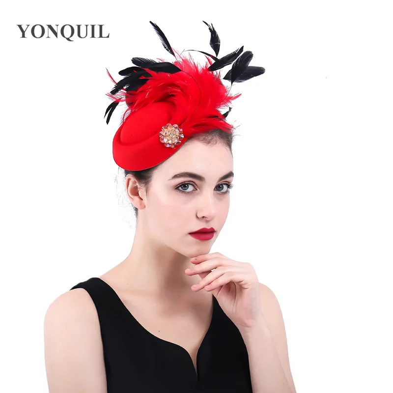 

Red winter wool felt fedora fascinator bride wedding hat headpiece with hair clip fancy feather hair accessories occasion lady