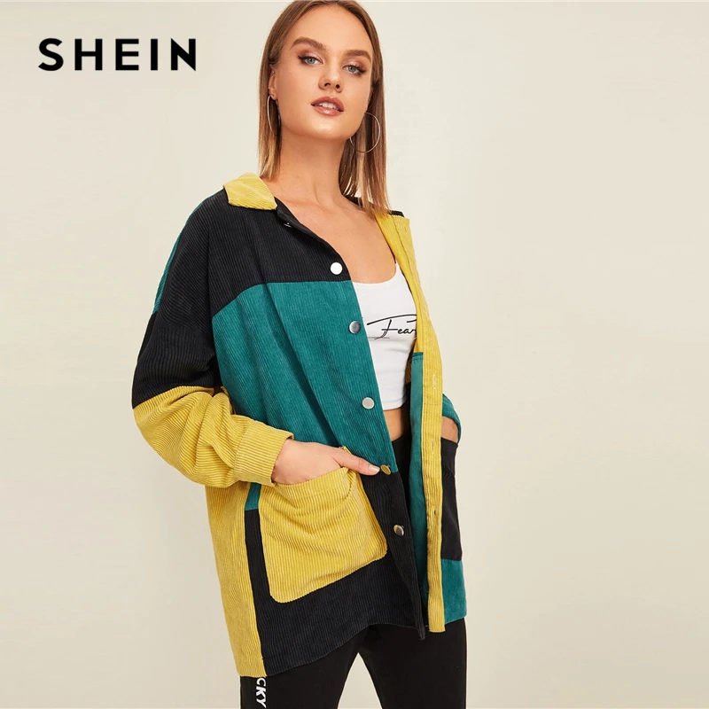 SHEIN многоцветная карманная Передняя цветная блочная Вельветовая куртка пальто Женская осенне-зимняя однобортная Повседневная Верхняя одежда с длинным рукавом пальто