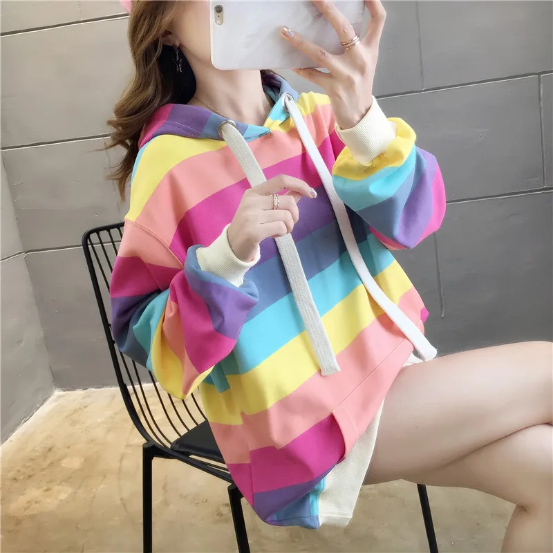 

Women rainbow Hoodies & Sweatshirts Hooded Long Sleeve Pullover Leisure 2020 Spring Autumn Clothing Loose Lazy Patchwork Hoodie