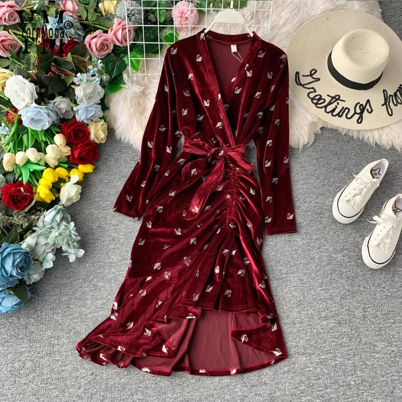 

YornMona Elegant Velvet Ruffle Wrap Dress Women 2019 Autumn Winter Bow Sash Asymmetrical Bandage Dress V neck Print Party Dress