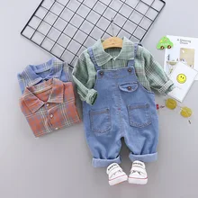 HYLKIDHUOSE/ г. Осенние комплекты одежды для малышей повседневные Костюмы для маленьких мальчиков клетчатая рубашка комбинезон Детский костюм