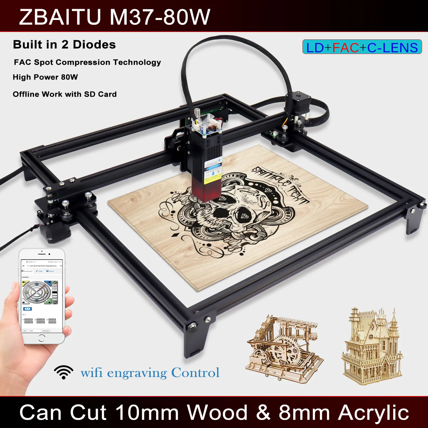 ZBAITU 80W CNC Laser Engraver Cutter Engraving Cutting Machine for Metal Wood Acrylic w/Offline Print (Max Cut 10mm) | Инструменты