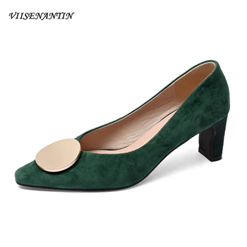 

Frosted Sheepskin High Heels Women's New Square Toe Metal Round Buckle Shallow Pumps Thick Heel Retro Dark Green Single Shoes