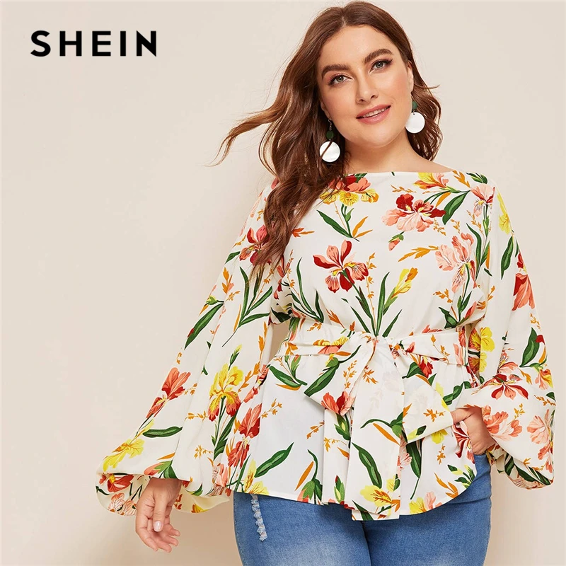 

SHEIN Plus Size Multicolor Lantern Sleeve Belted Floral Print Blouse Top Women Spring Autumn Boat Neck Elegant Boho Plus Blouses