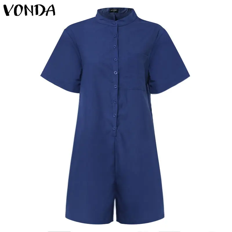 Blue Комбинезоны женские сексуальные с v-образным вырезом комбинезоны VONDA широкие шорты женские Palazzo комбинезоны с коротким рукавом Комбинезоны Macacao Feminino - Цвет: Blue