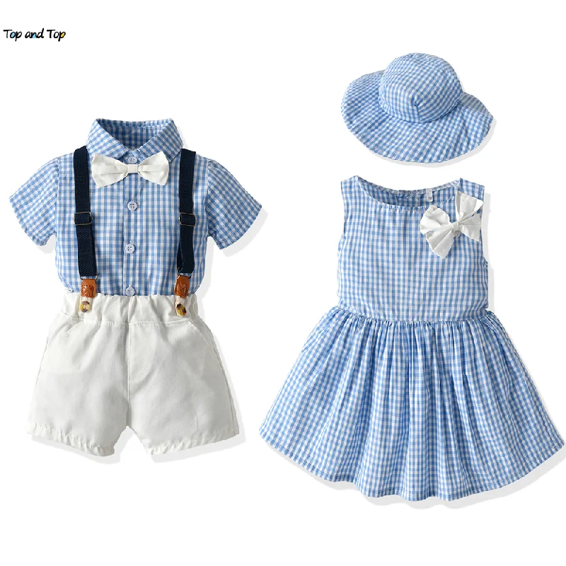 top and top Brother and Sister Baby Matching Outfits Toddler Infant Boys Gentleman Suit+Princess Girls Tutu Dress Plaid outfit small baby clothing set	
