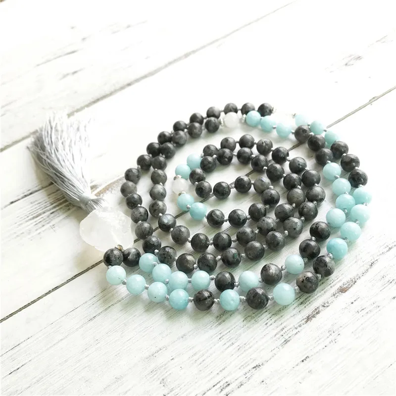 Natural Labradorite 108 Mala Bead Necklaces Meditation Mala Necklace Yoga Jewelry Tassel Necklace Hand Knotted Prayer Necklace