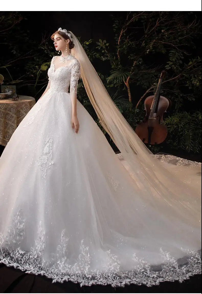 Luxury Lace Applique Long Train Wedding Dresses Embroidery High Bride Dress Plus Size With Sleeve Three Quarter Vetidos De Novia ball gown wedding dress