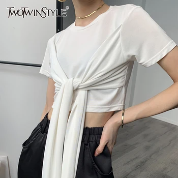 

TWOTWINSTYLE Casual Lace Up Women T Shirt O Neck Short Sleeve Tunic Waistless Irregular T-Shirt Female Fashion Clothing 2020 New