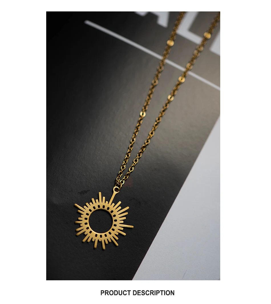 Wild&Free Gold Circle Irregular Sun Necklace For Women Stainless Steel Hollow Out Round Sweater Pendant Necklaces Jewelry Gift