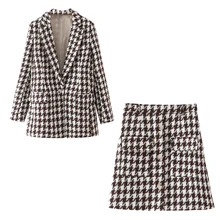 2021 ZA Women Fashion Single button Houndstooth Woolen Blazers Coat Vintage Long Sleeve pockets suits Female Outerwear Chic Tops