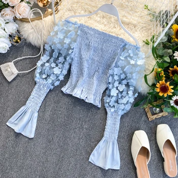 

Women's sweet threedimensional floral grenadine off shoulder short shirt