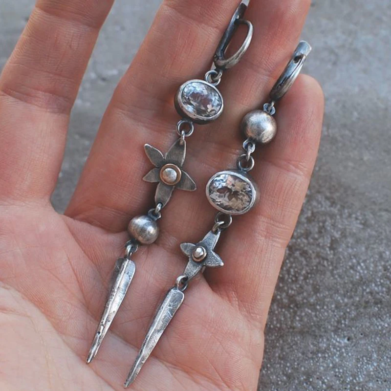 9cm Long Antique Silver Rhinestone Star Pendant Asymmetric Earrings Vintage Ethnic Charm Statement Drop Dangle Jewelry | Украшения и
