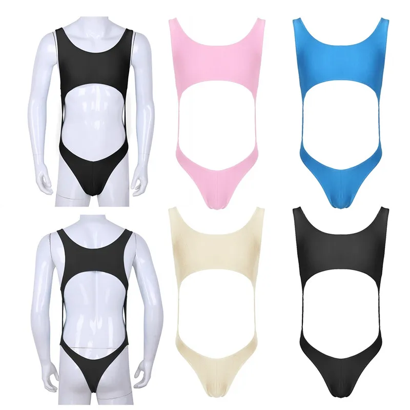 

Mens Lingerie One-piece Sleeveless Cut Out Stretch Smooth Leotard Bodysuit Tight Underwear Bikini Thongs Beach Swimwear Swimsuit