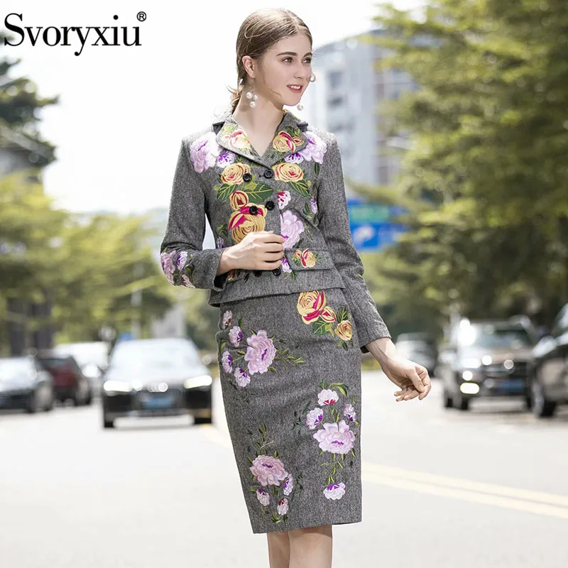 

Svoryxiu Designer Autumn Winter Flower Embroidery Skirt Suit Women's High Quality Vintage Party Two Piece Set Female