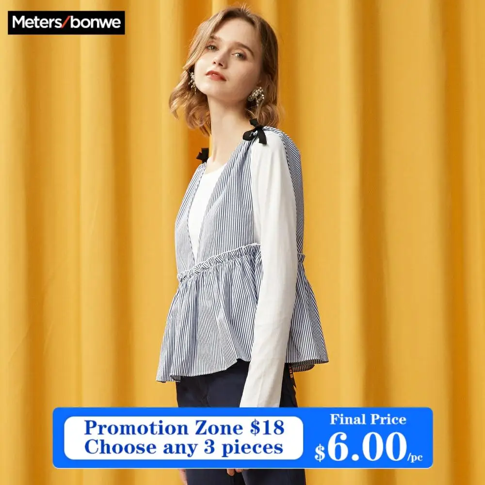 Metersbonwe Mock Two-pieces Shirt Plaid Female Blouses New Fashion OL Spliced Blouse White Blue Office Lady | Женская одежда