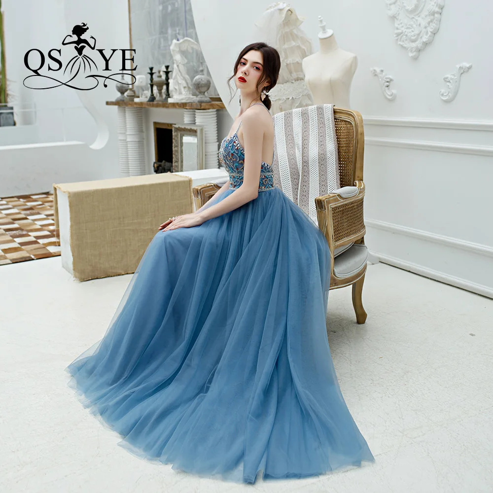 

QSYYE 2019 ever pretty Long Prom Dresses Tulle sweetheart spaghetti strap Beading Floor Length Formal Evening Dress Party Gown