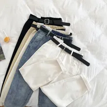 Весна, женские штаны-шаровары с высокой талией, синие, белые, черные, прямые, с поясом, высокая уличная мода, Женские джинсовые штаны-бойфренды