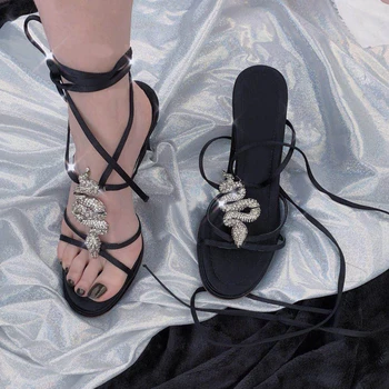 

Women Sandals 8cm High Heels Crystal Snake Summer Shoes Black Gladiator Shoes 2019 New Fashion Stiletto Sexy Party Shoes Pumps