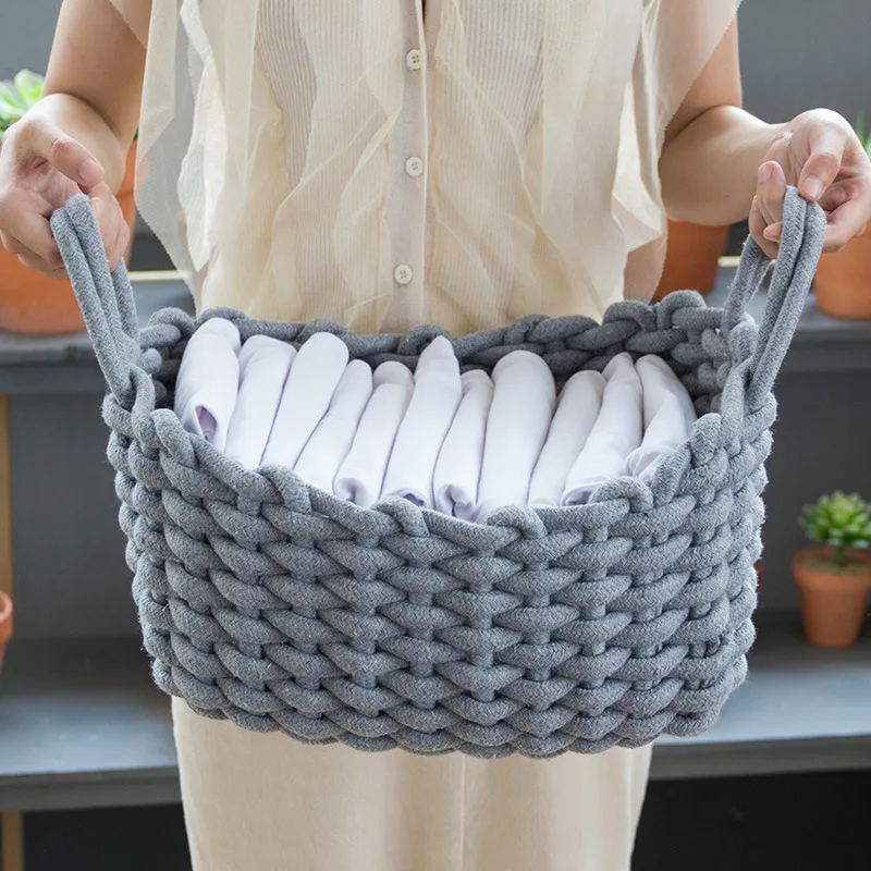 

Linen Crochet Storage Basket Handmade Clothes Laundry Basket Natural Fabric Baby Toys Storage Basket Desktop Small Organizer Box