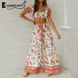 Everkaki Boho Цветочный Принт костюмы наборы для женщин Цыганский короткий топ и кружевные длинные штаны 2 шт. наборы Женский 2019 лето осень