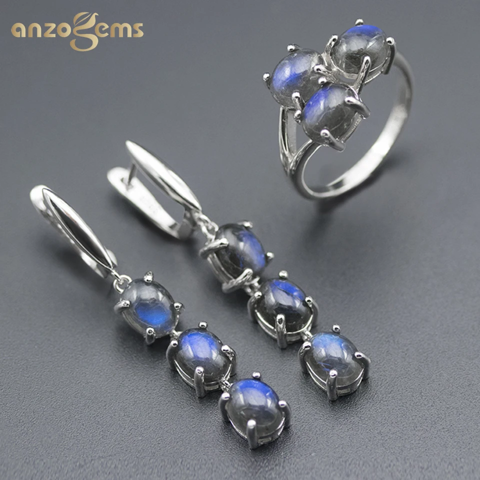 

Anzogems 100% natural Labradorite jewelry sets real 925 sterling silver earrings ring gemstone jewelry for women's gift 2020 new