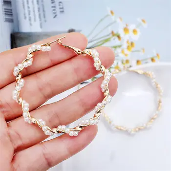 

1 Pair Simple Plain Gold Color Metal Pearl Hoop Earrings Oversize Circel Statement Earrings for Women Wedding Brinco Jewelry