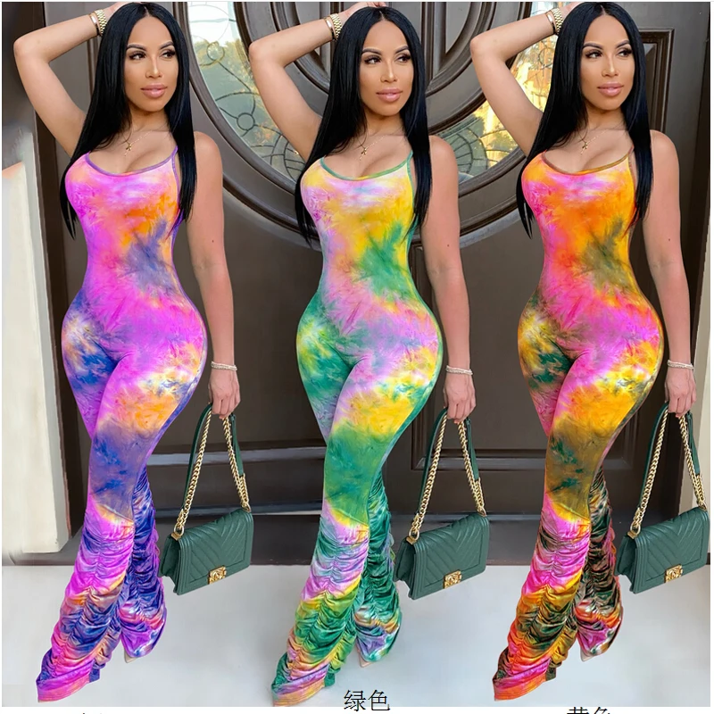 

Tie Dye Backless Long Jumpsuits Women Spaghetti Strap Fashion Casual Skinny Biker Jumpsuit 2020 Summer Bodycon Rompers