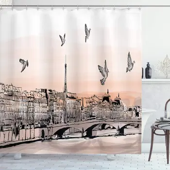 

Landscape Shower Curtain Panorama Sketch Art Sunset View of Paris from Pont Des Arts with Pigeons River Bathroom Decor Set