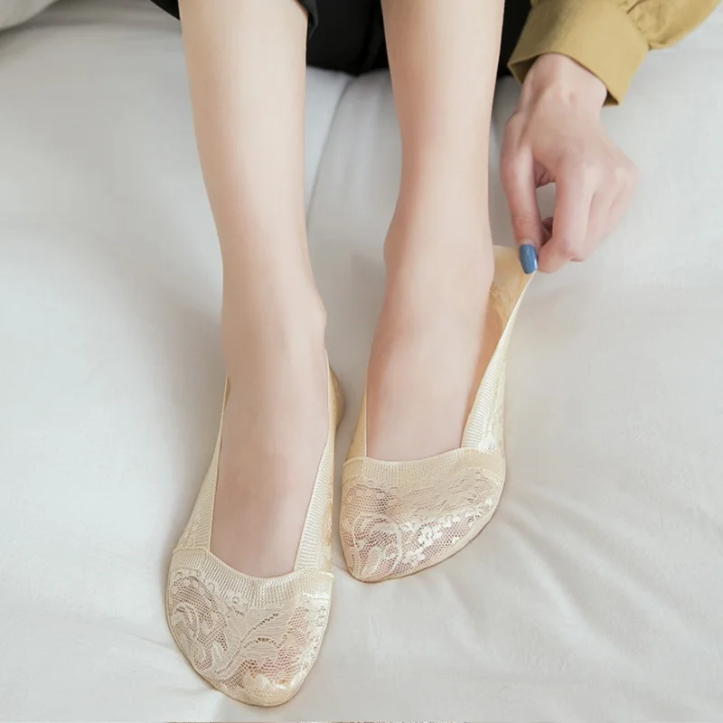 2 Pair khaki Color 5 пар/набор Для женщин девочек ECMLN летние носки Стиль кружевное платье с цветочным рисунком короткие носки противоскользящие невидимые носки до лодыжки Sox - Цвет: 2 Pair khaki Color
