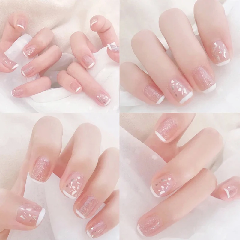 

24Pcs Pink Glitter Line Short Fake Nails Full Cover Nail Art False Nails Glue