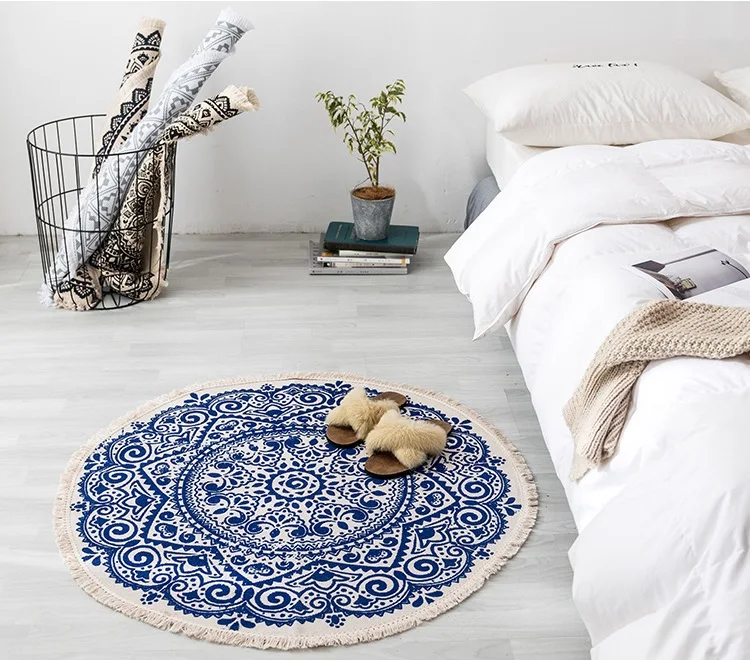 Марокканский круглый ковер для спальни в стиле бохо с кисточками, хлопковый ковер ручной работы, Национальный классический диван с обивкой из гобелена, Подушка Татами, коврики