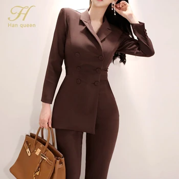 

H Han Queen Korean Casual Double breasted Suit Jumpsuits Women New Autumn Office Lady Rompers Simple Slim Occupation Playsuits