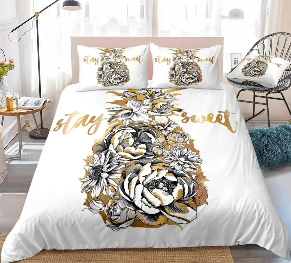 3 Pieces Pineapple Duvet Cover Set Gold with Flowers Bedding Floral Fruit Quilt Queen Home Textiles Dropship |