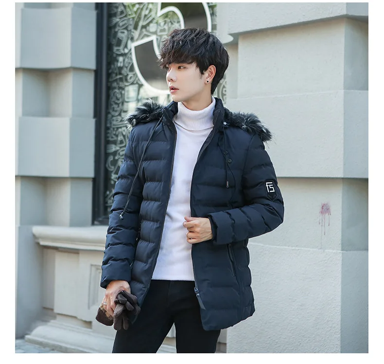 Одежда с хлопковой подкладкой, мужское модное плотное пальто с меховым воротником, стиль, Зимняя Повседневная теплая куртка с капюшоном в Корейском стиле