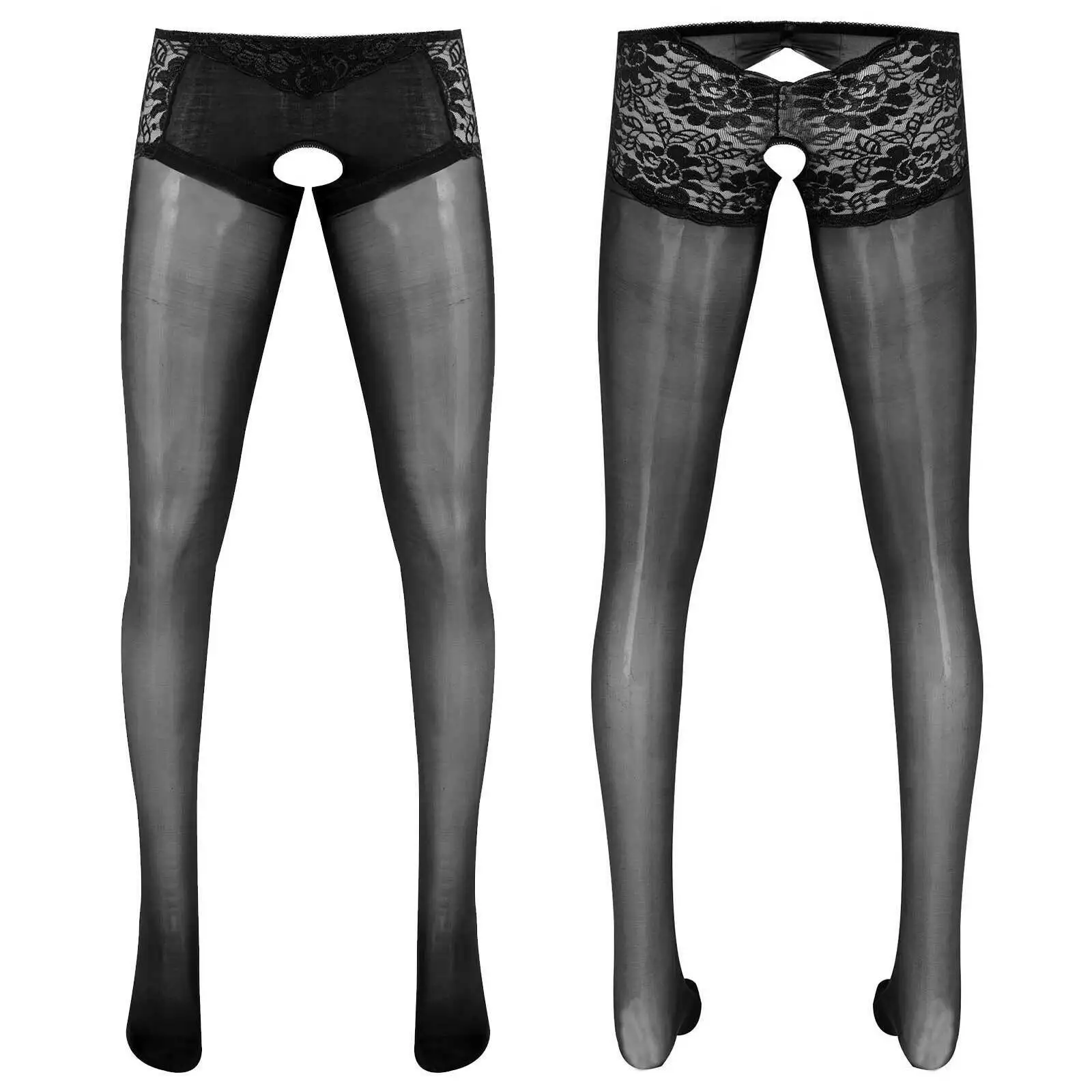 Sissy Men Lace Top Sheer Crotchless Glossy Pantyhose Tights Stockings Long Pants Lingerie Underwear Hosiery Plus Size