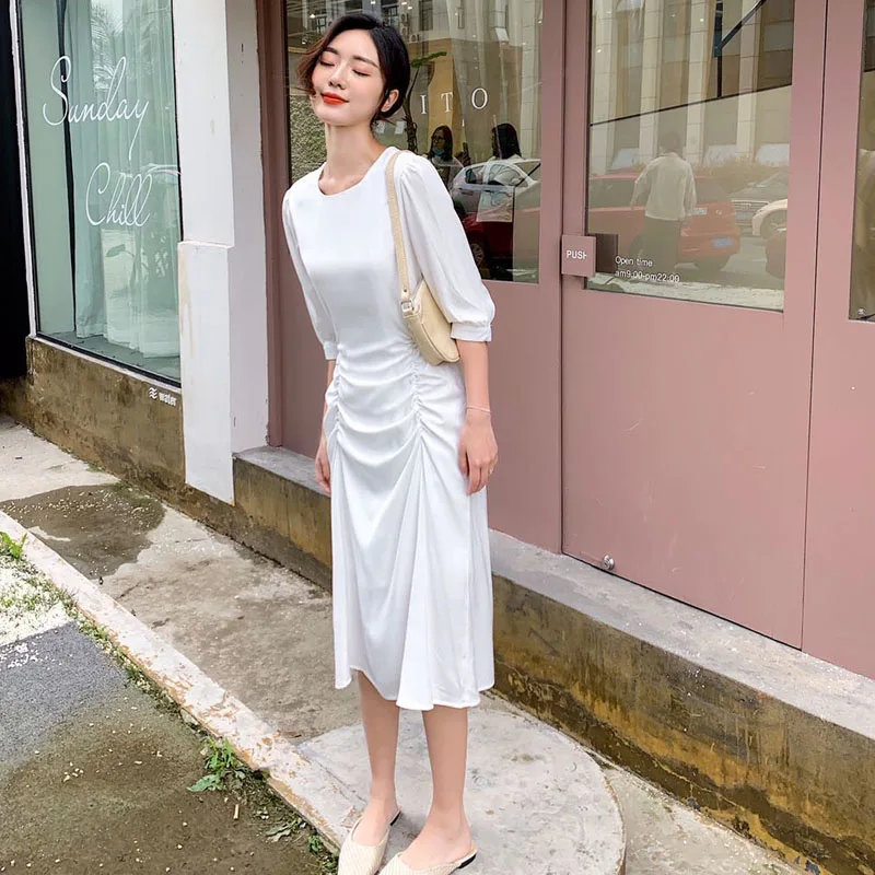 Elegant Office Summer White Dress Women 2020 New Korean Folds Slim Mid-Length Dress Ladies A-Line Short Sleeve Dress Female