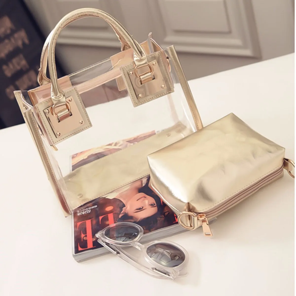 

Aequeen 2pcs/set Transparent Handbag Women Bag Set Clear PVC Jelly Bags Girls Top-Handle bags Totes Beach Shoulder Composite Bag