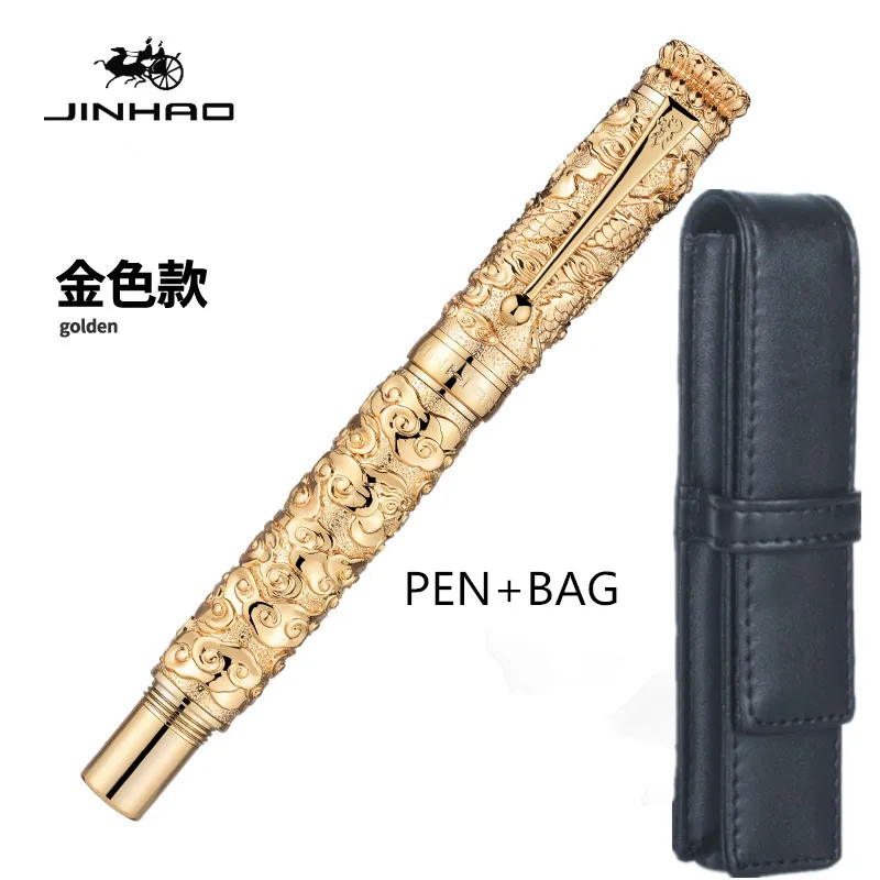 Jinhao Vintage Luxurious Metal Fountain Pen Dragon Cloud Heavy Big Pen Medium Nib Golden Color Carving Embossing Collection Gift