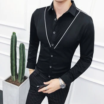 

Men's Hot Sale V-shaped Pleated Shirt Wedding Party Club Men's Shirt Slim Long Sleeve Button Fashion Designer 2020 Korean Shirt