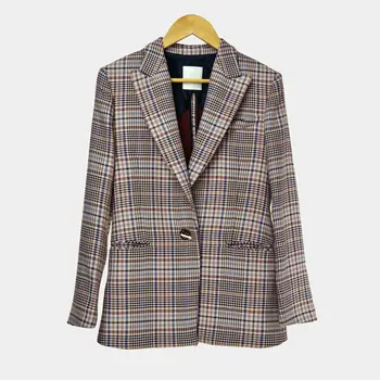 

Autumn and Winter Notched Neck Office Ladies Plaid Blazer