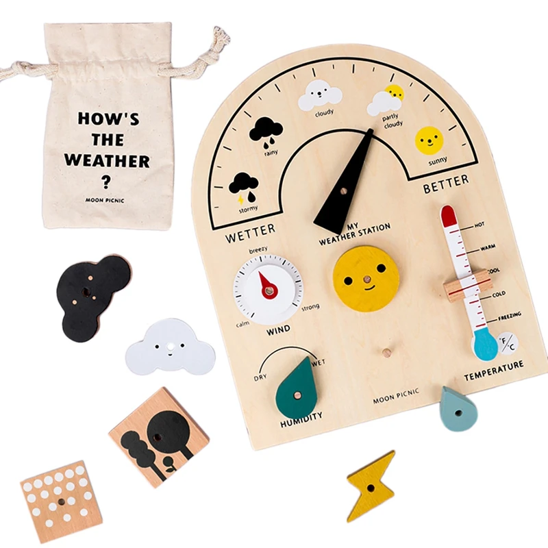 Wooden Weather Station Toy Children's Kindergarten Toys with Cloud Droplets and Compass Science