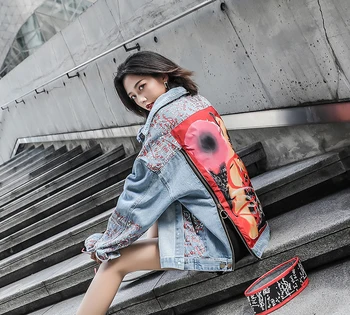 

2019 autumn new fashion Han Fan graffiti paint jacket patch DrawString men and women heavy work with the cowboy couple