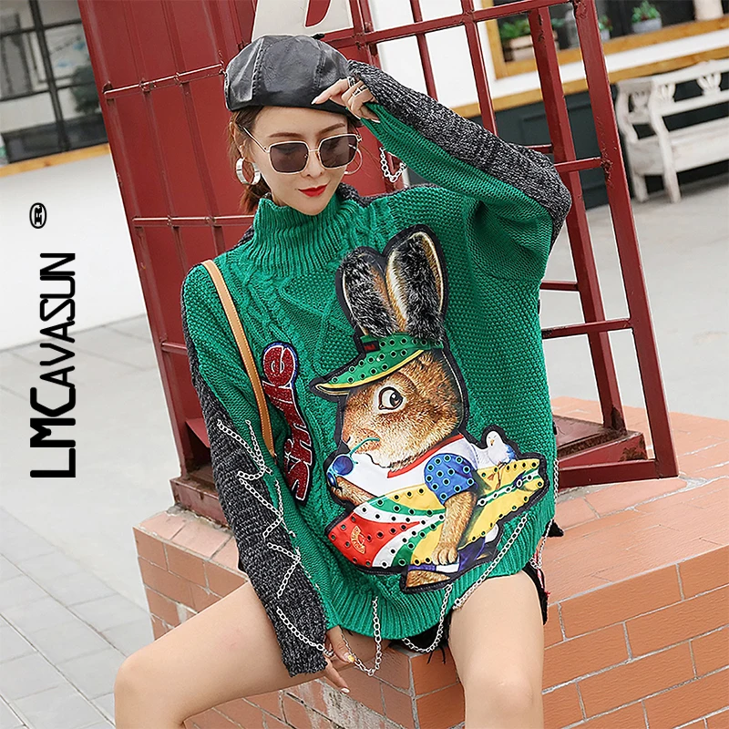 

LMCAVASUN 2019 autumn and winter new chain decorative knit top Bat bat sleeve loose Maxi cartoon applique sweater Cute sweater