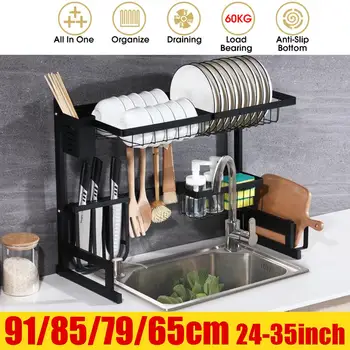 

24-35" Stainless Steel Kitchen Shelf Organizer Over The Sink Dish Drying Rack Holder Draining Shelf Storage Countertop Organizer